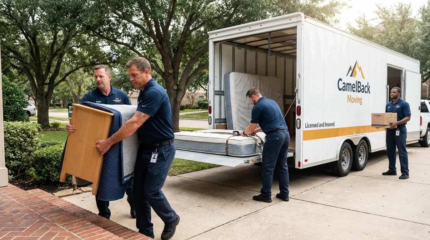 Crew loading residential truck for cross-state move from Franklin, TX