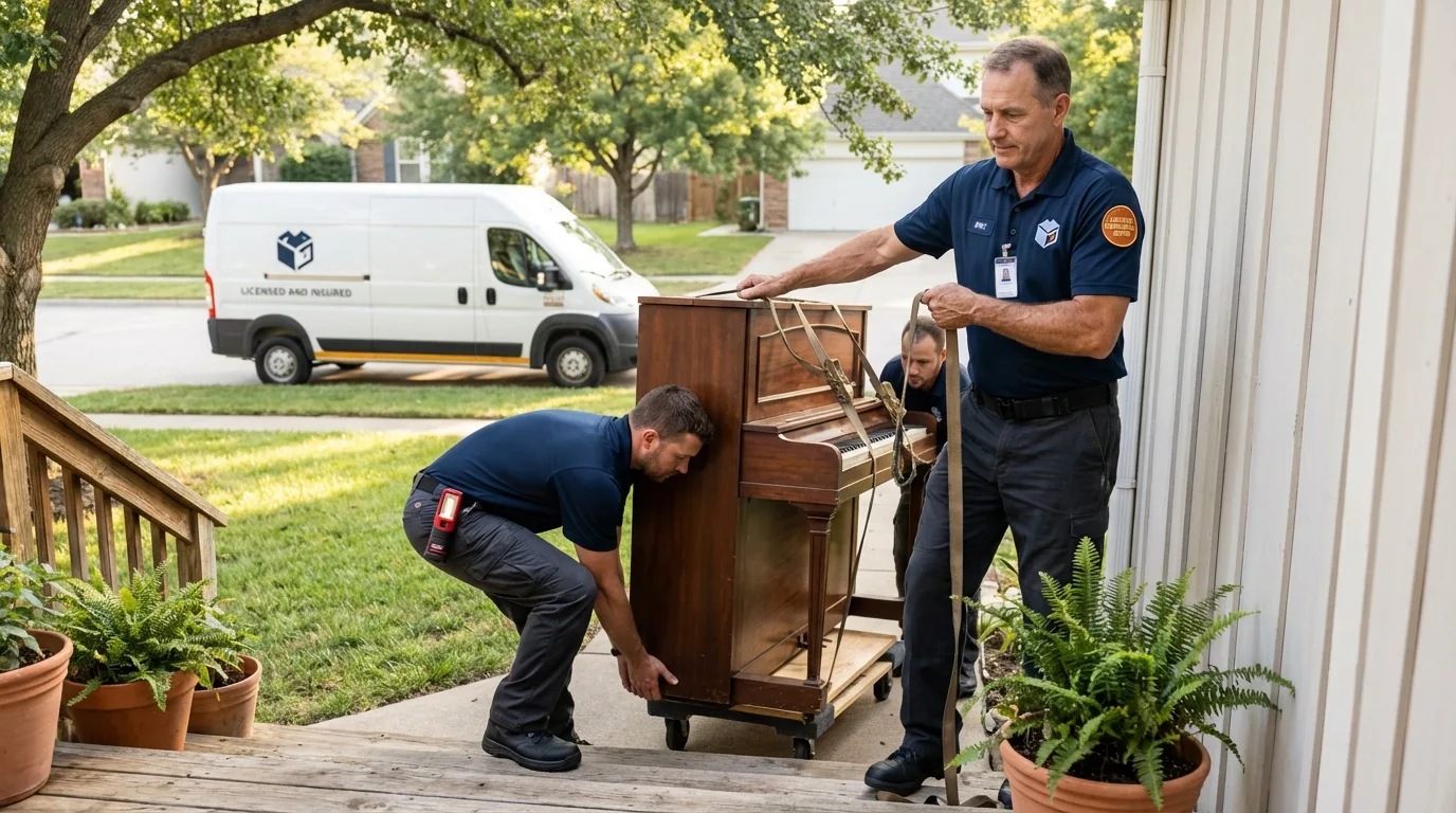 Licensed piano movers securing grand piano in Franklin, TX