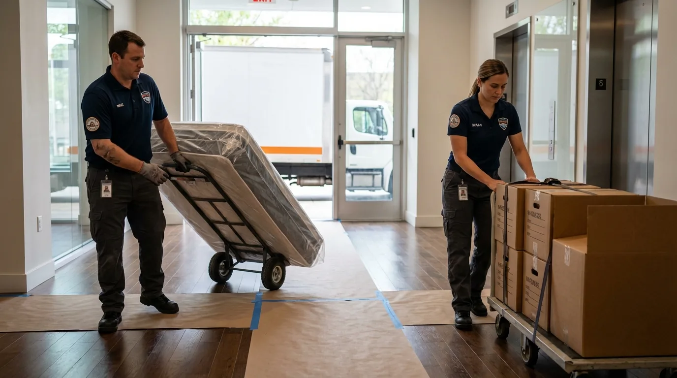 Professional apartment movers loading elevator in Franklin, TX